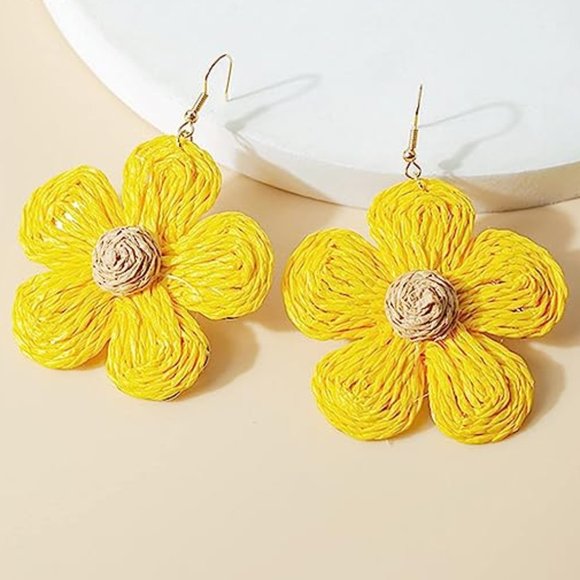 Big Yellow Tan Raffia Flowers Oversized Statement Earrings Wicker Flower Straw - Picture 3 of 4